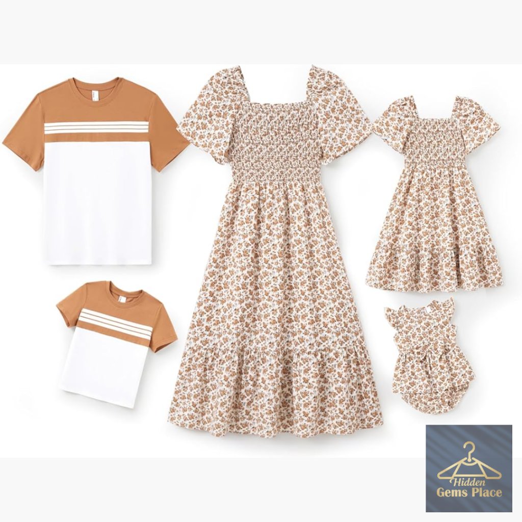 Floral Smocked Dress With Puff Sleeves, Tiered Hem, Family Matching Set